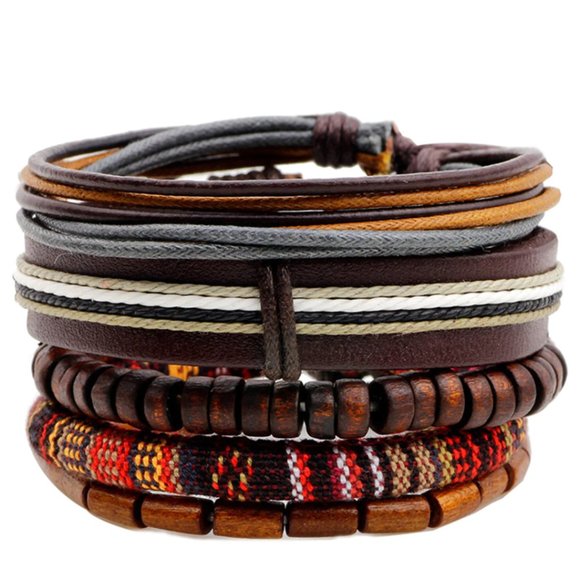 Jewelry - Boho 5 PC Set Wood Beads Leather Bracelets